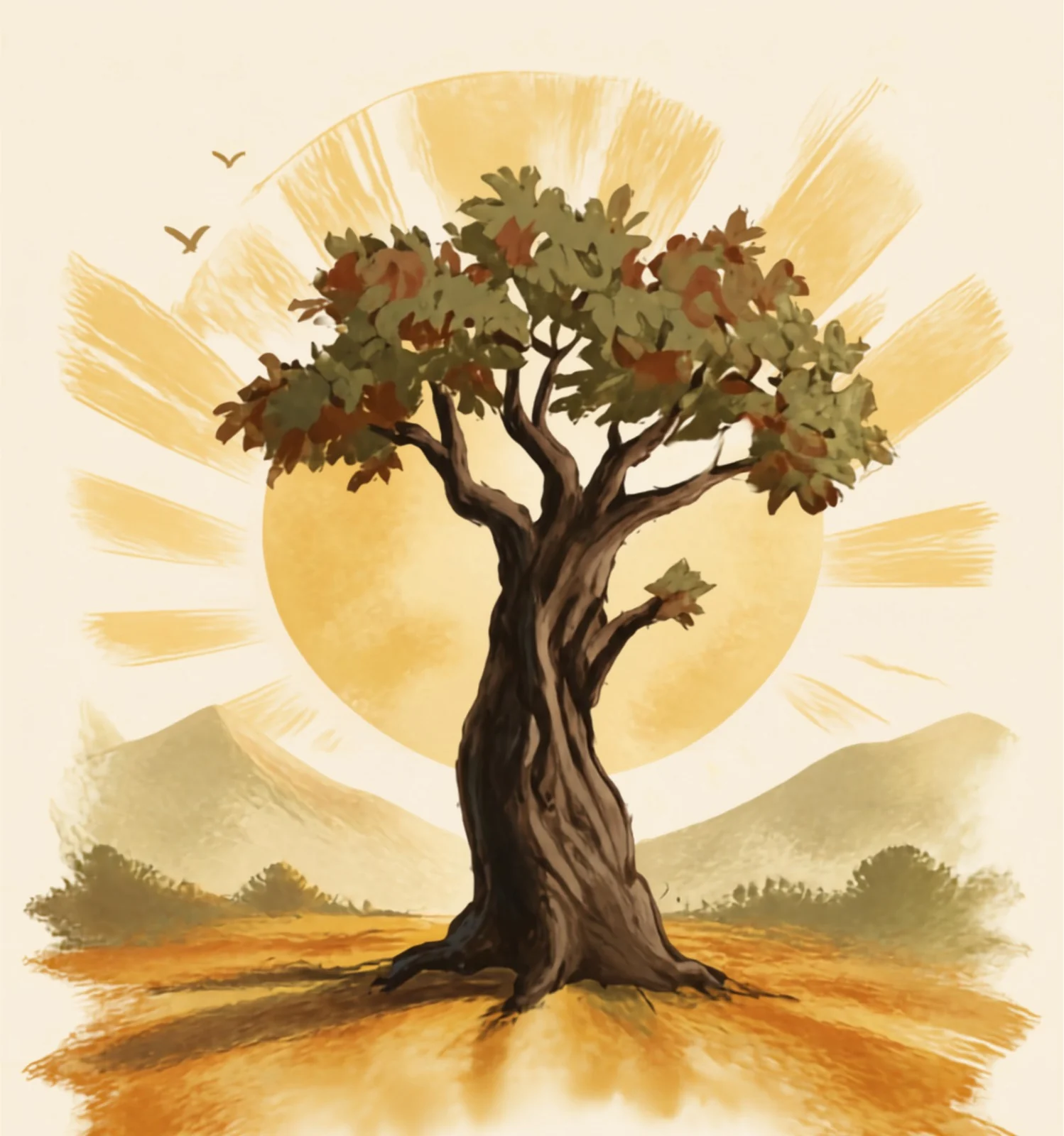 Ilustración contemplativa de un árbol frente al sol